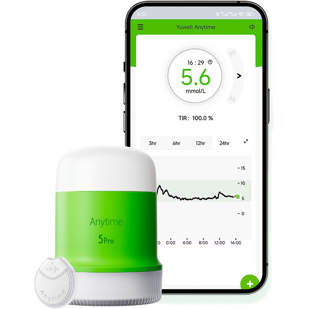 Bộ thiết bị máy đo đường huyết liên tục Yuwell Anytime 5 Pro và ứng dụng theo dõi trên điện thoại
