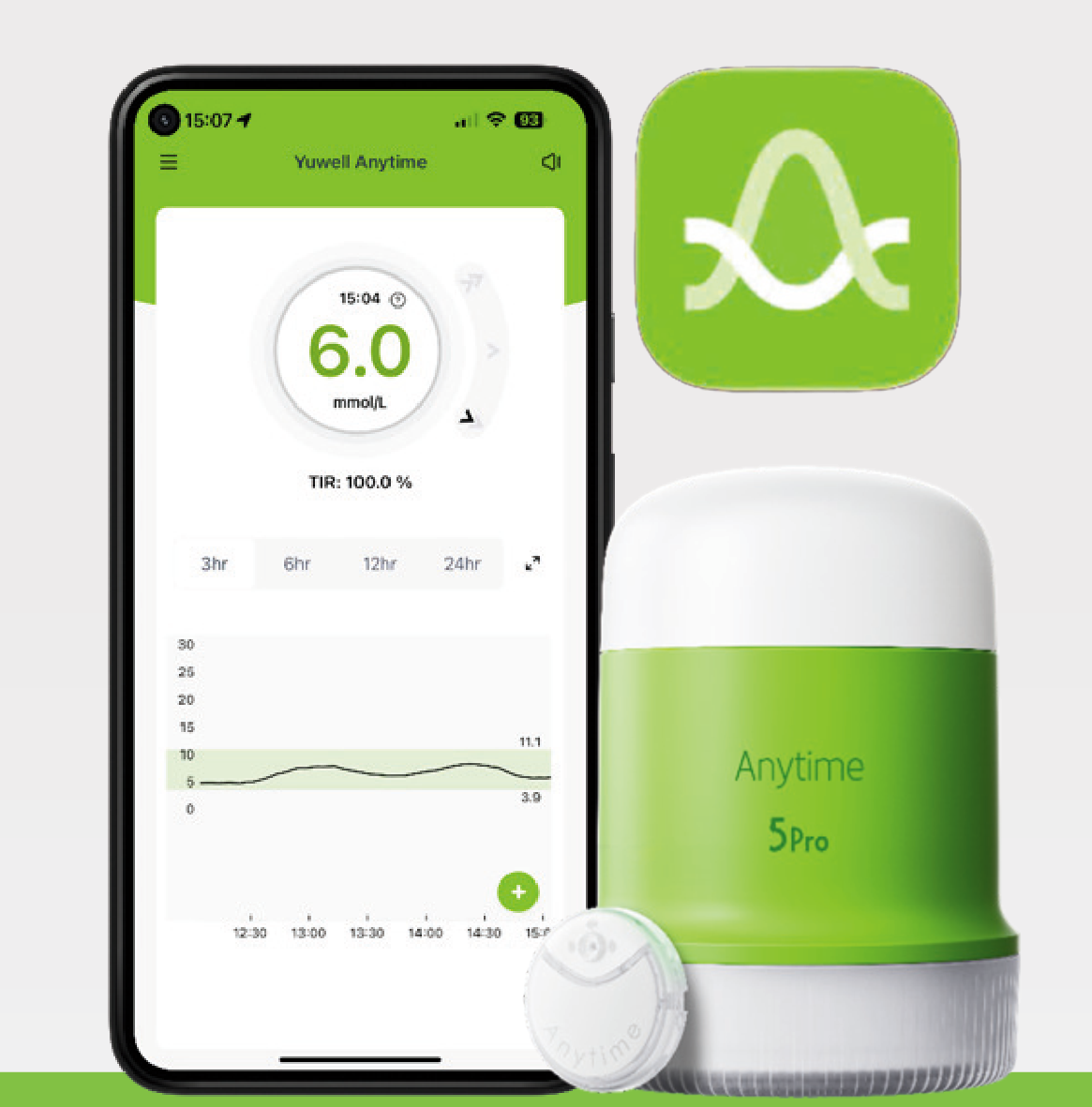 Điện thoại hiển thị ứng dụng Yuwell Anytime và thiết bị Anytime 5Pro