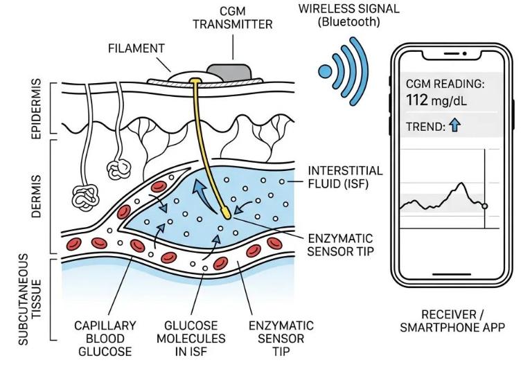 Bộ truyền CGM phát tín hiệu Bluetooth đến điện thoại